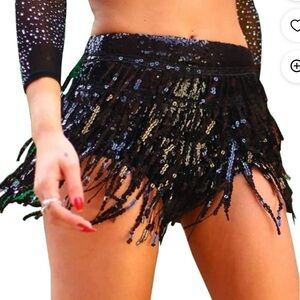Yollmart Women's Sequin Tassel Booty Shorts Dance Festival Bottoms size L